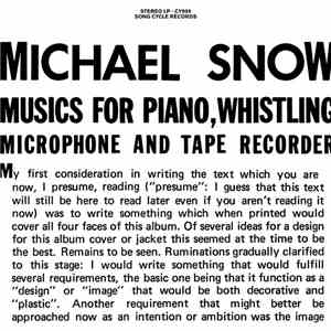 Michael Snow - Musics For Piano, Whistling, Microphone And Tape Recorder
